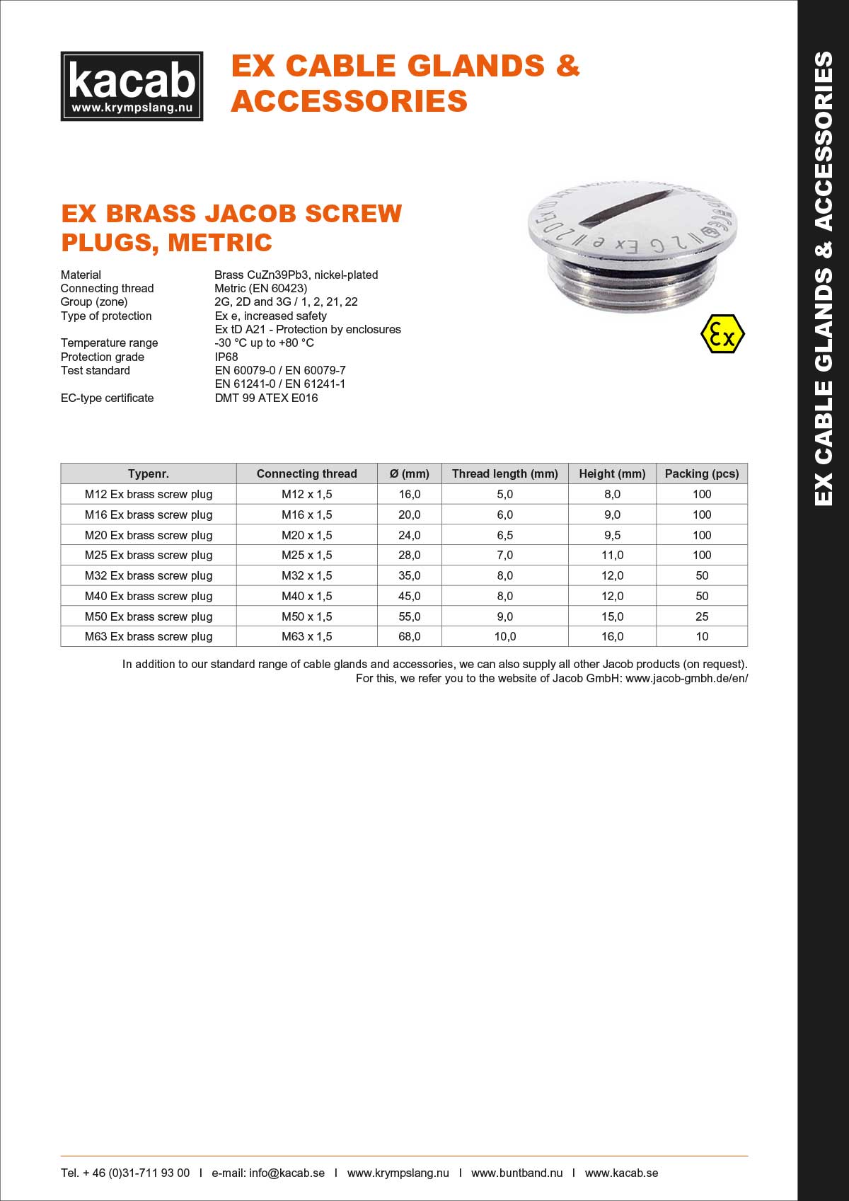 Ex brass Jacob screw plugs - metric