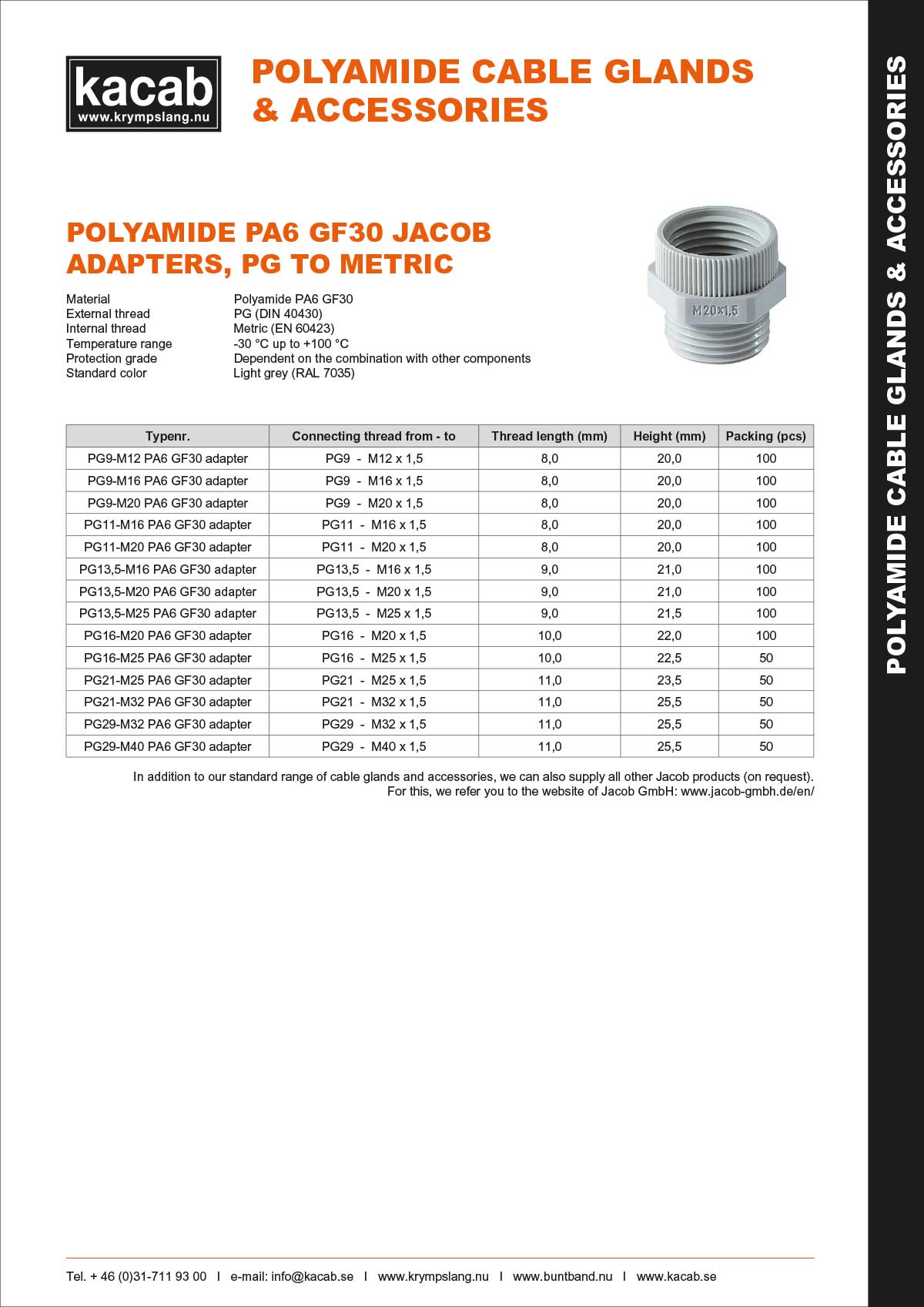 Polyamide PA6 GF30 Jacob  adapters, PG to metric